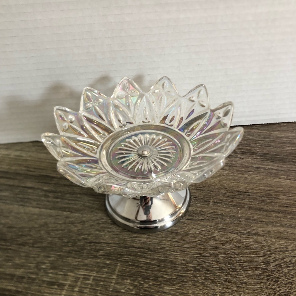 Vtg Iridescent Glass Pedestal Dish